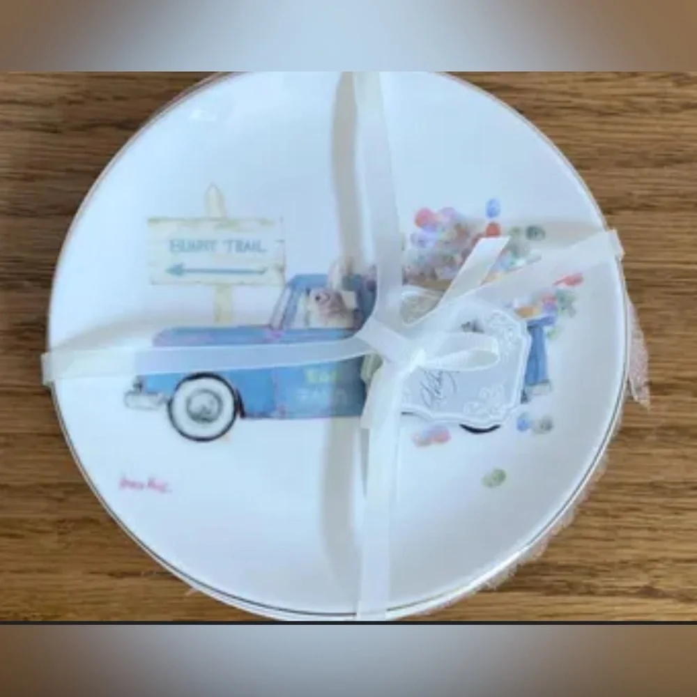 Kathryn White Fine Porcelain bunny happy trails Easter Plate set of 4